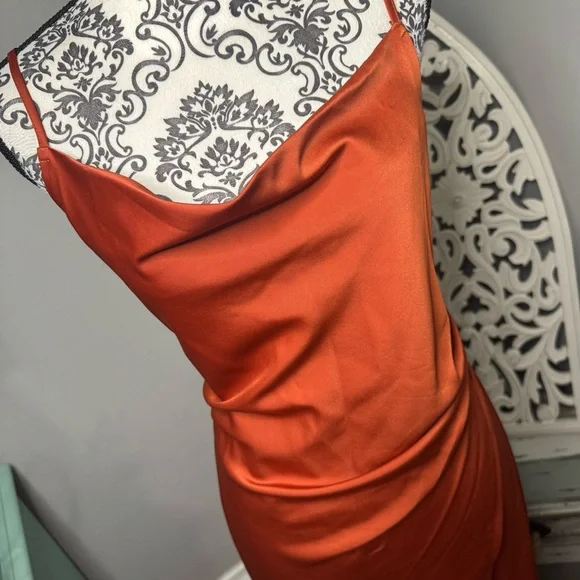 Lulus Satin Drape Midi Slip Dress Size Large Rust Orange Wedding Guest - Picture 3 of 10
